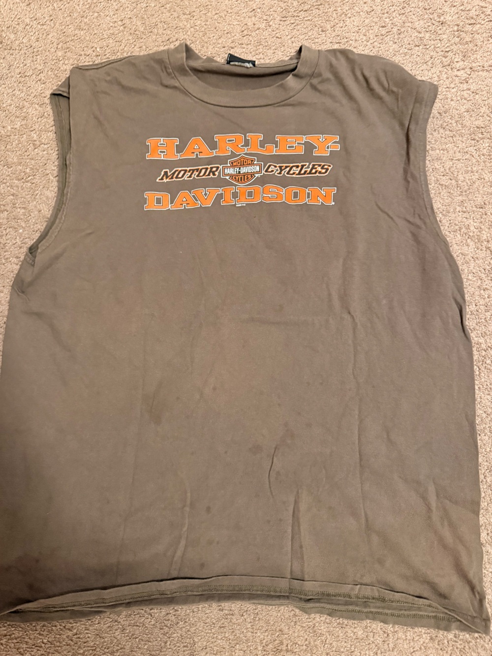 Harley-Davidson Olive Green Sleeveless Tee with Orange Logo